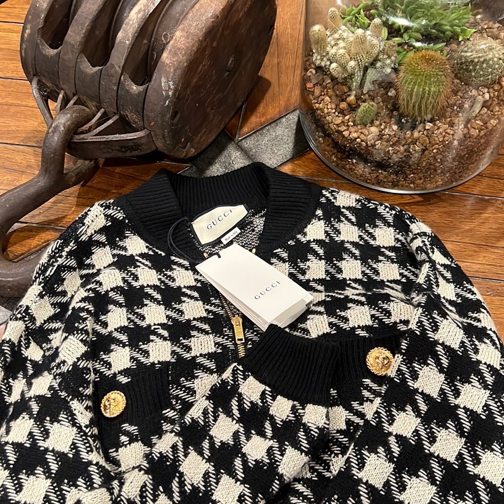 NWT Gucci Houndstooth Bomber Jacket, Size S